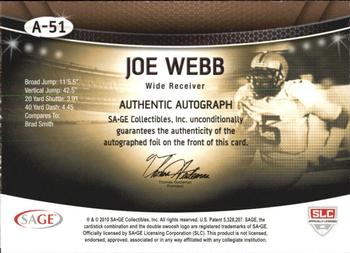 2010 SAGE - Autographs Platinum #A-51 Joe Webb  Back