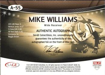 2010 SAGE - Autographs Platinum #A-55 Mike Williams  Back