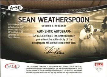 2010 SAGE - Autographs Red #A-50 Sean Weatherspoon Back