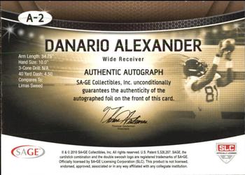 2010 SAGE - Autographs Silver #A-2 Danario Alexander  Back