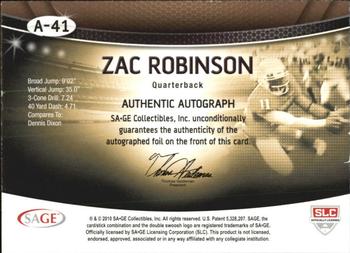 2010 SAGE - Autographs Silver #A-41 Zac Robinson  Back