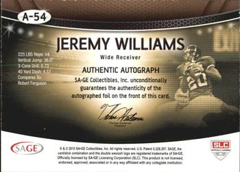 2010 SAGE - Autographs Silver #A-54 Jeremy Williams  Back