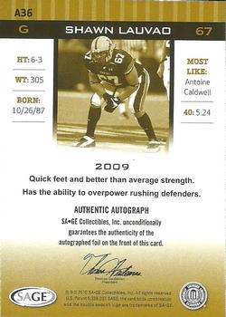 2010 SAGE HIT - Autographs Gold #A36 Shawn Lauvao  Back