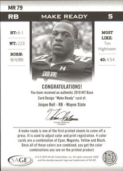 2010 SAGE HIT - Make Ready Yellow #MR79 Joique Bell  Back