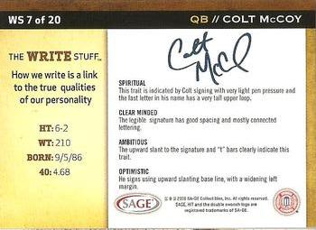 2010 SAGE HIT - Write Stuff #WS7 Colt McCoy  Back