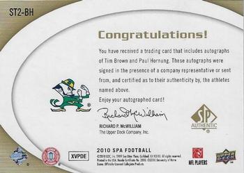 2010 SP Authentic - Sign of the Times Duals #ST2-BH Paul Hornung / Tim Brown  Back
