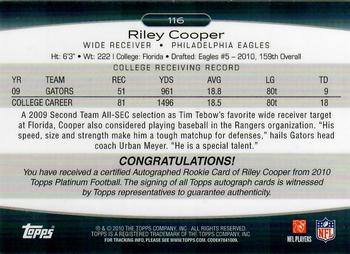 2010 Topps Platinum - Rookie Autographs #116 Riley Cooper Back