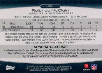 2010 Topps Platinum - Rookie Autographs Blue Refractors #98 Rolando McClain  Back