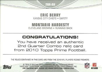 2010 Topps Prime - 2nd Quarter Relics #2QR-BH Eric Berry / Montario Hardesty  Back