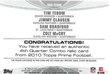 2010 Topps Prime - 4th Quarter Relics #4QR-TCBM Tim Tebow / Jimmy Clausen / Sam Bradford / Colt McCoy  Back