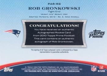 2010 Topps Prime - Rookie Autographs Platinum #PAR-RG Rob Gronkowski  Back
