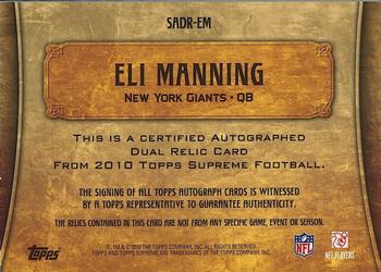 2010 Topps Supreme - Autographed Dual Relics #SADR-EM Eli Manning Back