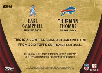 2010 Topps Supreme - Dual Autographs #SDA-CT Earl Campbell / Thurman Thomas  Back