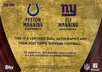 2010 Topps Supreme - Dual Autographs #SDA-MM Peyton Manning / Eli Manning  Back