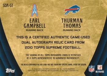 2010 Topps Supreme - Dual Autographs Jersey #SDA-CT Earl Campbell / Thurman Thomas  Back