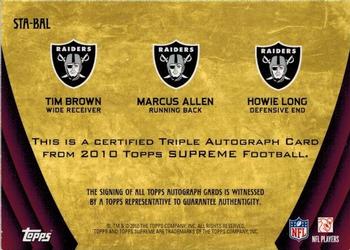 2010 Topps Supreme - Triple Autographs #STA-BAL Tim Brown / Marcus Allen / Howie Long  Back