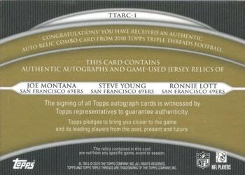 2010 Topps Triple Threads - Autographed Relic Combos Gold #TTARC-1 Joe Montana / Steve Young / Ronnie Lott  Back