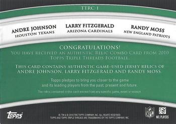 2010 Topps Triple Threads - Relic Combos Emerald #TTRC-1 Andre Johnson / Larry Fitzgerald / Randy Moss  Back