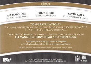 2010 Topps Triple Threads - Relic Combos Gold #TTRC-6 Eli Manning / Tony Romo / Kevin Kolb  Back