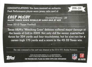 2010 Topps - Peak Performance Relics #PPR-CM Colt McCoy  Back