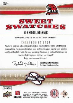 2010 Upper Deck NCAA Sweet Spot - Sweet Swatches #SSW-4 Ben Roethlisberger  Back