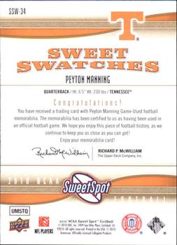 2010 Upper Deck NCAA Sweet Spot - Sweet Swatches #SSW-34 Peyton Manning  Back