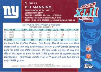 2008 Topps New York Giants Super Bowl XLII Champions #1 Eli Manning Back