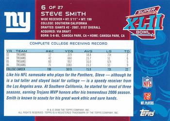 2008 Topps New York Giants Super Bowl XLII Champions #6 Steve Smith Back