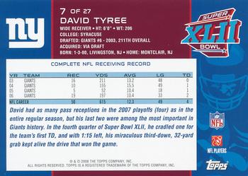 2008 Topps New York Giants Super Bowl XLII Champions #7 David Tyree Back