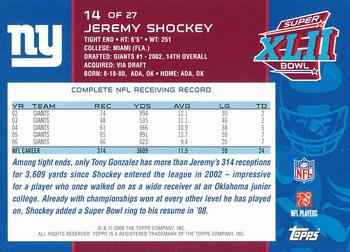 2008 Topps New York Giants Super Bowl XLII Champions #14 Jeremy Shockey Back