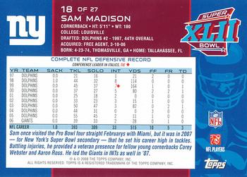 2008 Topps New York Giants Super Bowl XLII Champions #18 Sam Madison Back