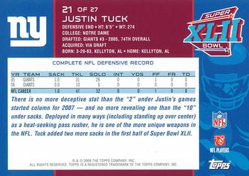 2008 Topps New York Giants Super Bowl XLII Champions #21 Justin Tuck Back
