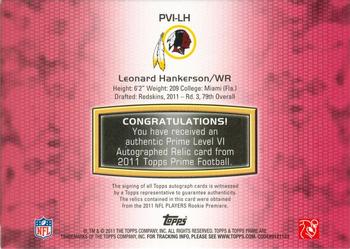 2011 Topps Prime - Autographed Relics Level 6 Gold #PVI-LH Leonard Hankerson Back