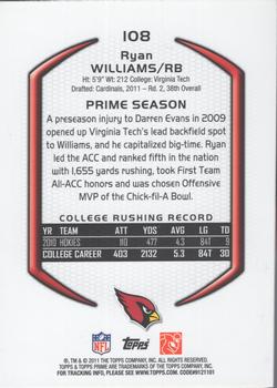 2011 Topps Prime - Gold #108 Ryan Williams Back
