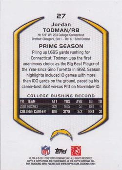 2011 Topps Prime - Retail #27 Jordan Todman Back