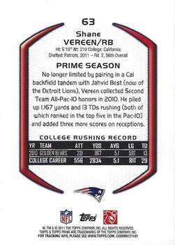 2011 Topps Prime - Retail #63 Shane Vereen Back