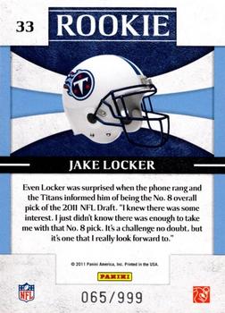 2011 Donruss Elite - Rookie NFL Team Logo #33 Jake Locker Back