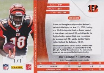 2011 Panini Absolute Memorabilia - Rookie Premiere Materials Autographs Laundry Tag #203 A.J. Green Back
