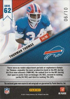 2011 Panini Certified - Fabric of the Game Jersey Number Autographs Prime #62 Thurman Thomas Back