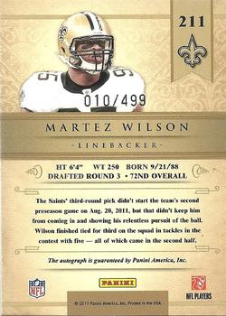 2011 Panini Gold Standard - Autographs Silver #211 Martez Wilson Back