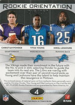2011 Panini Gridiron Gear - Rookie Orientation Materials Triple #4 Christian Ponder / Titus Young / Mikel Leshoure Back