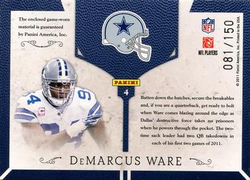 2011 Panini Plates & Patches - NFL Equipment #4 DeMarcus Ware Back