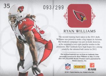 2011 Panini Plates & Patches - Rookie Blitz Materials #35 Ryan Williams Back