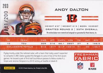 2011 Panini Totally Certified - Freshman Fabric Signatures Red #203 Andy Dalton Back