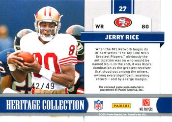 2011 Panini Totally Certified - Heritage Collection Jerseys Prime #27 Jerry Rice Back