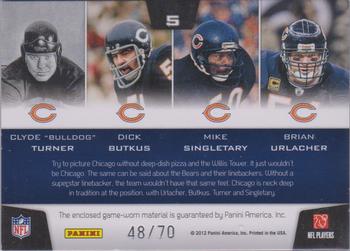 2011 Panini Totally Certified - Stitches in Time #5 Clyde Bulldog Turner / Dick Butkus / Mike Singletary / Brian Urlacher Back