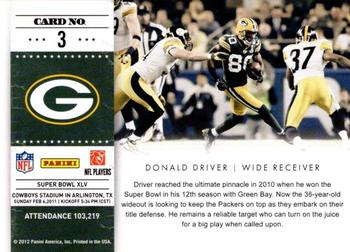 2011 Playoff Contenders - Super Bowl Tickets #3 Donald Driver Back