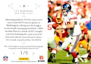 2011 Playoff National Treasures - Colossal Materials Signature Prime #8 Eli Manning Back