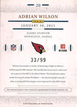 2011 Playoff National Treasures - Pro Bowl Materials #20 Adrian Wilson Back