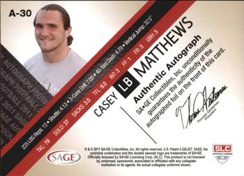 2011 SAGE - Autographs Gold #A-30 Casey Matthews Back